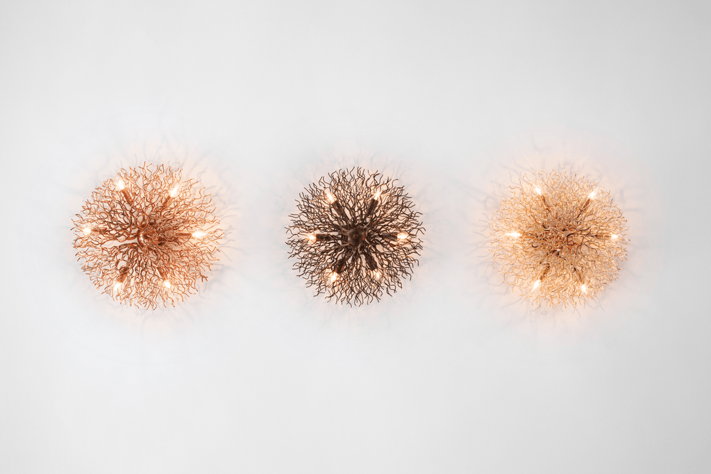 Hollywood ceiling lamp with three Sputnik-style coral branch ceiling lights and exposed bulbs