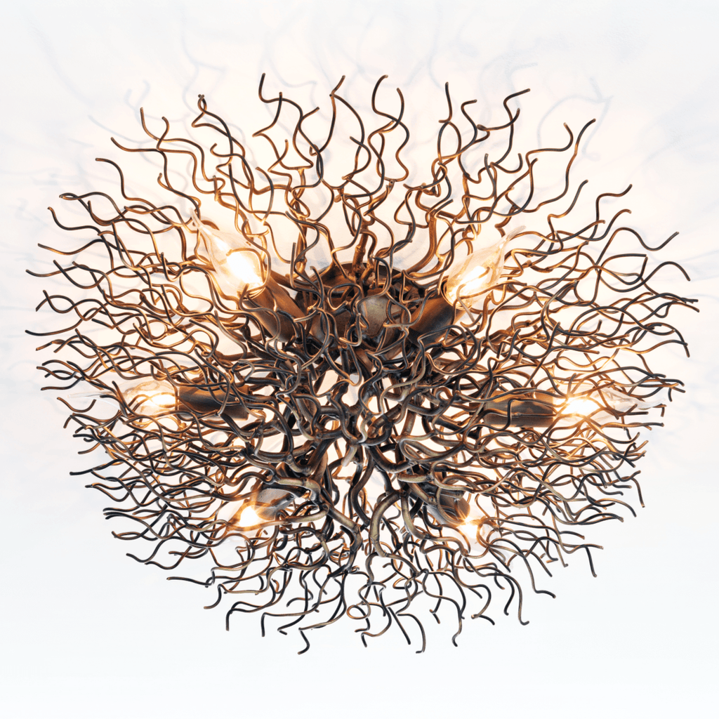 Hollywood ceiling lamp round with dark wavy branch metal design and exposed bulbs