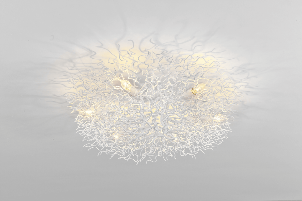 Modern Hollywood Ceiling Lamp Round with white wavy tendrils and glowing bulbs