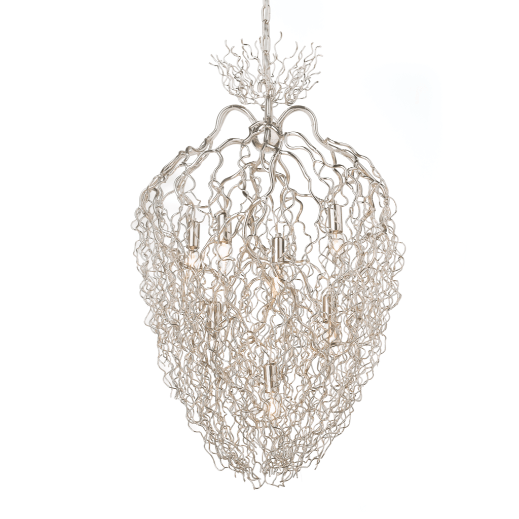 Modern silver-toned Hollywood Chandelier Conical with tangled wire design and exposed bulbs