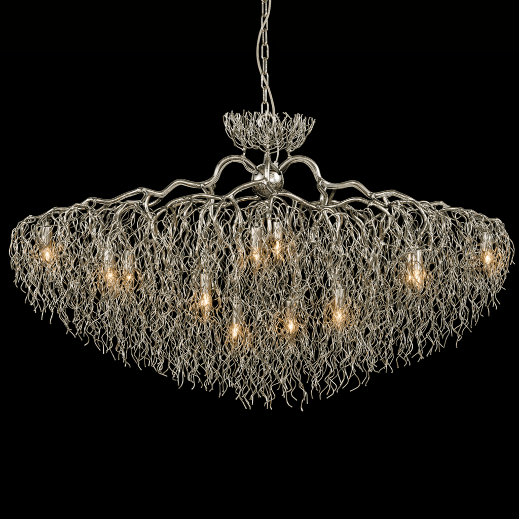 Silver-toned Hollywood Chandelier Conical Oval with branch-like frame and dangling metallic strands