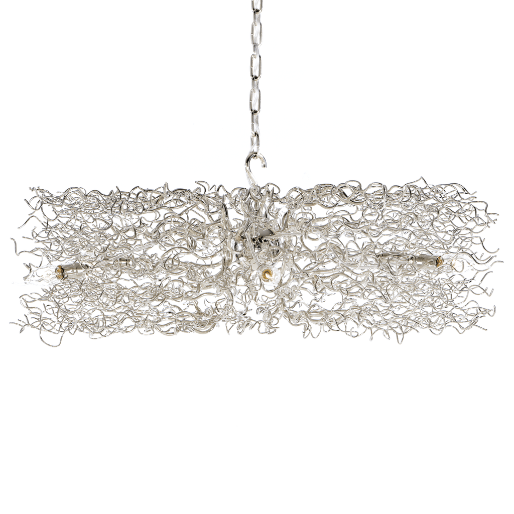 Hollywood Chandelier Round featuring a modern rectangular design with silver chain and glass tendrils