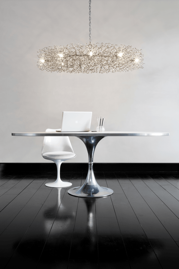 Modern Hollywood Chandelier Round with wire-like design and multiple exposed bulbs