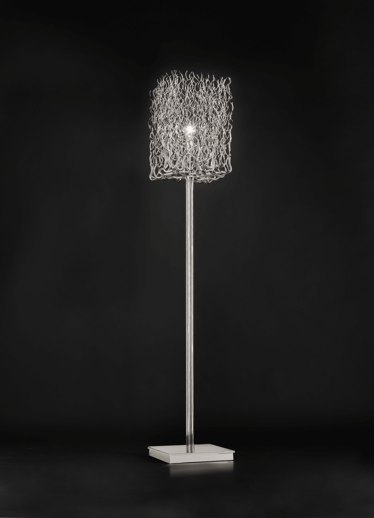 Hollywood Floor Lamp with modern woven metal shade and polished silver finish