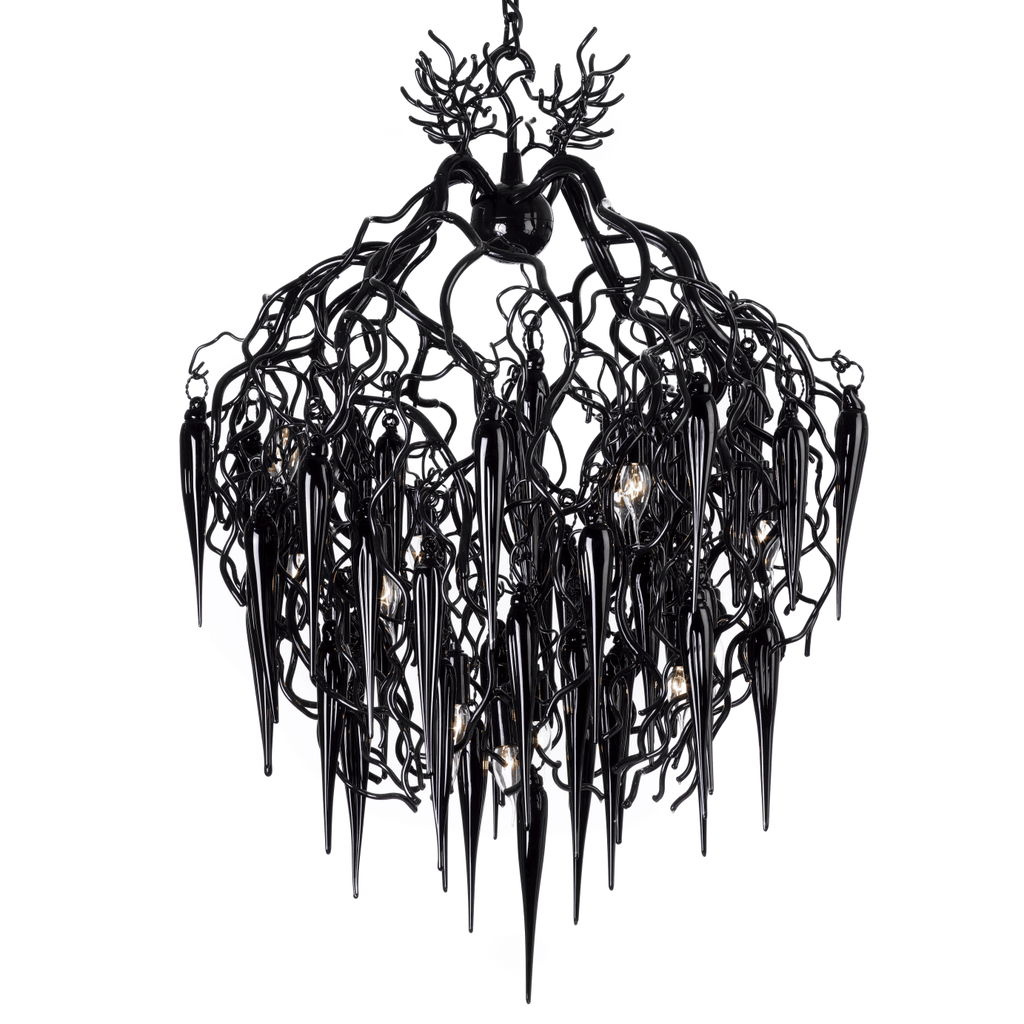 Black contemporary Hollywood Icicles Chandelier with branch-like frame and conical icicle pendants