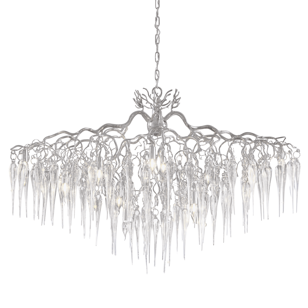 Silver Hollywood Icicles Chandelier Oval with organic branches and clear crystal icicle drops
