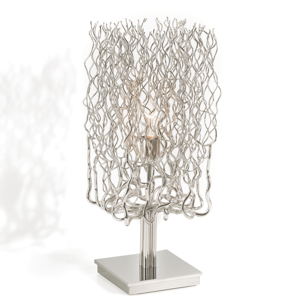 Hollywood table lamp with square chrome base and intertwined silver metal shade