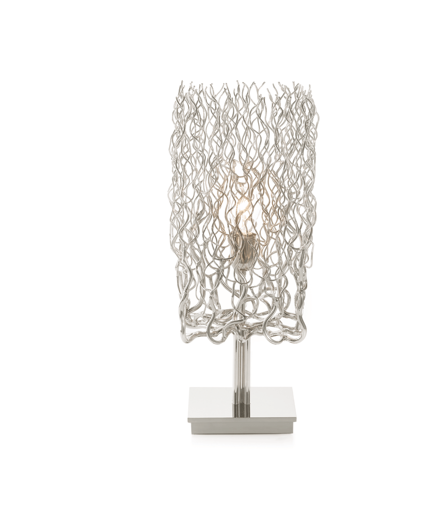 Hollywood Table Lamp with silver-colored woven metal mesh shade and rectangular base
