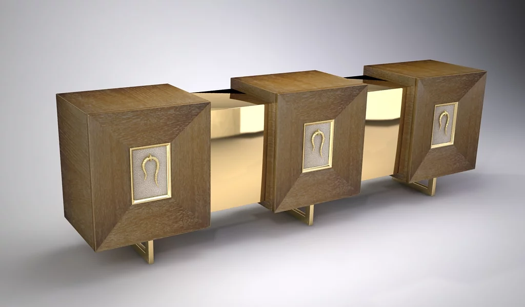 Huddelston Sideboard with three-section modular design, brass accents, and horseshoe handles