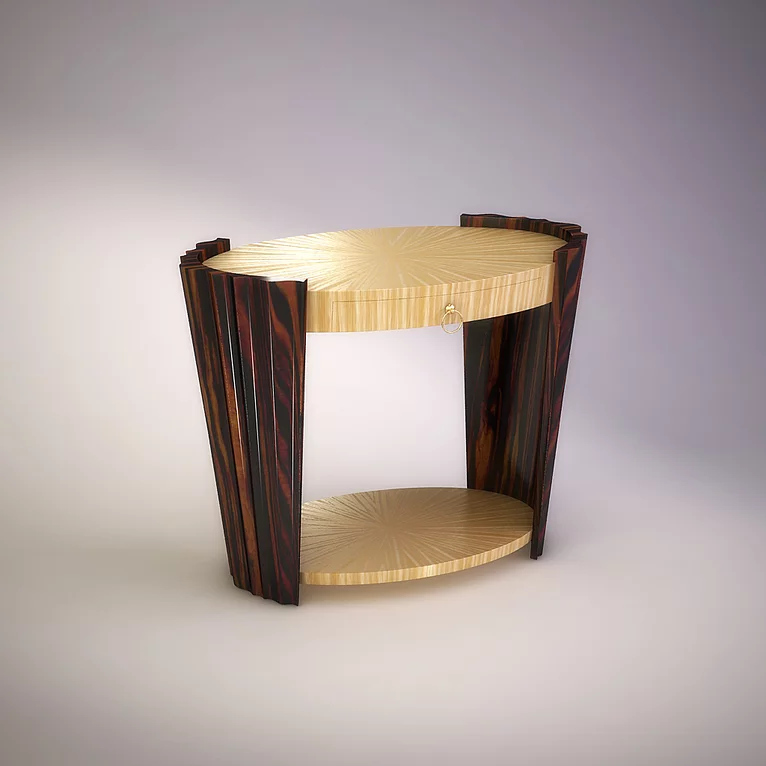 Hudson Table two-tiered oval end table with dark wood slatted sides and light wood tops