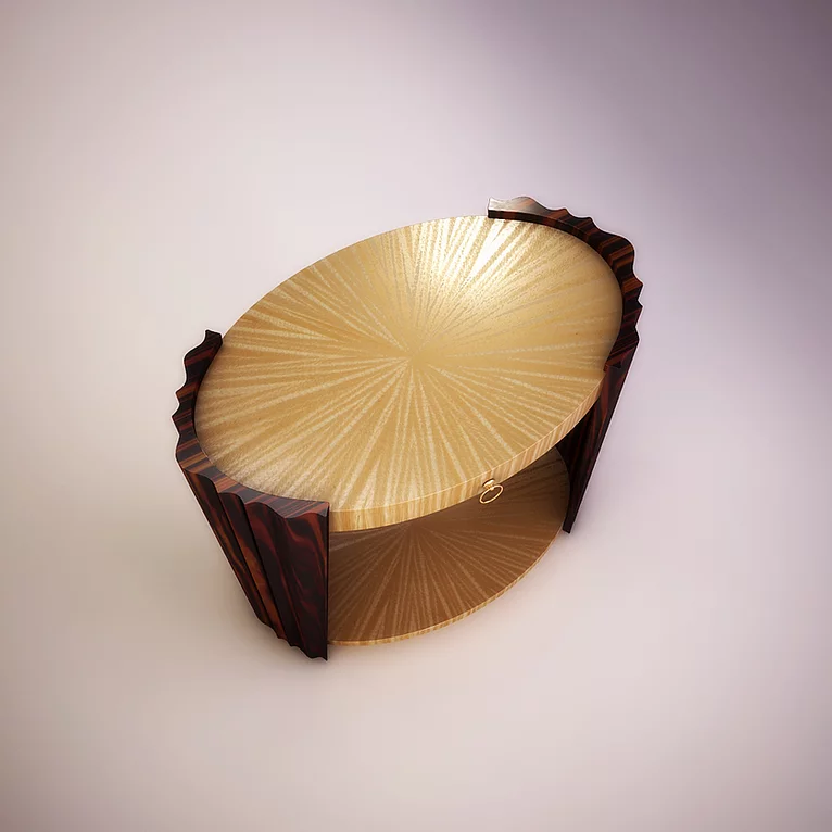 Luxurious Hudson Table with two-tiered oval design, gold sunburst top, and red fluted sides