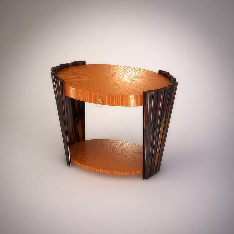 Hudson Table two-tiered wooden side table with brass ring pull and fluted sides