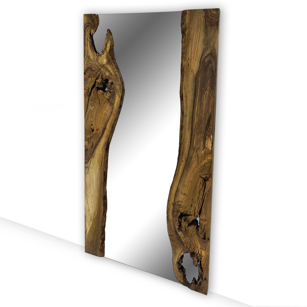 Isora Mirror with a natural live edge teak wood frame for modern rustic decor