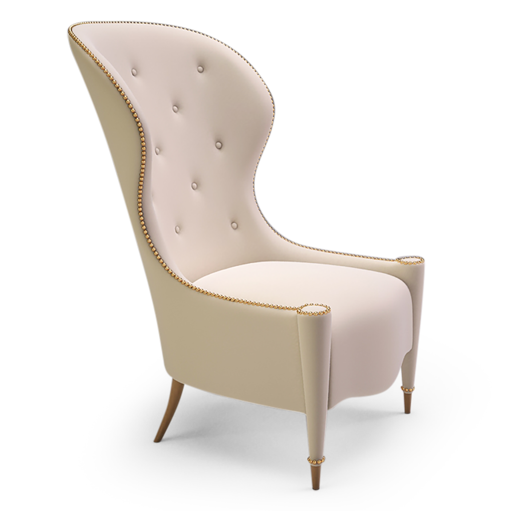 Juniper Chair cream-colored tufted wingback armchair with brass nailhead trim