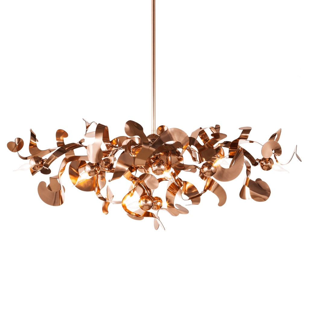 Kelp Chandelier Oval with rose gold finish and abstract leaf-like metal elements
