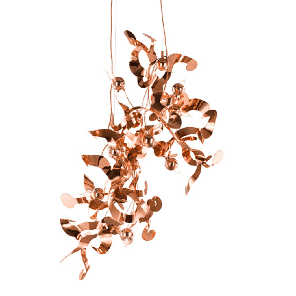 Kelp Element Hanging Lamp with copper-colored wavy metallic design and spherical accents