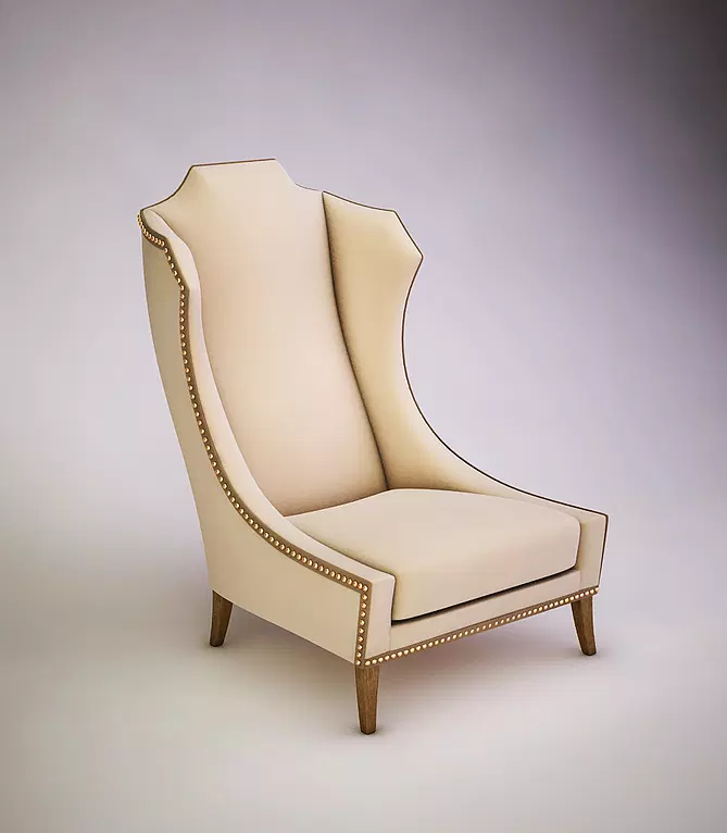 Cream-colored high-back wing chair with nailhead trim in the Lhermatique Chair collection