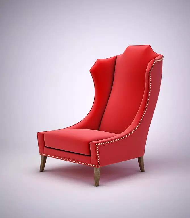 Lhermétique Chair: Tall red wingback armchair with brass nailhead trim and wooden legs