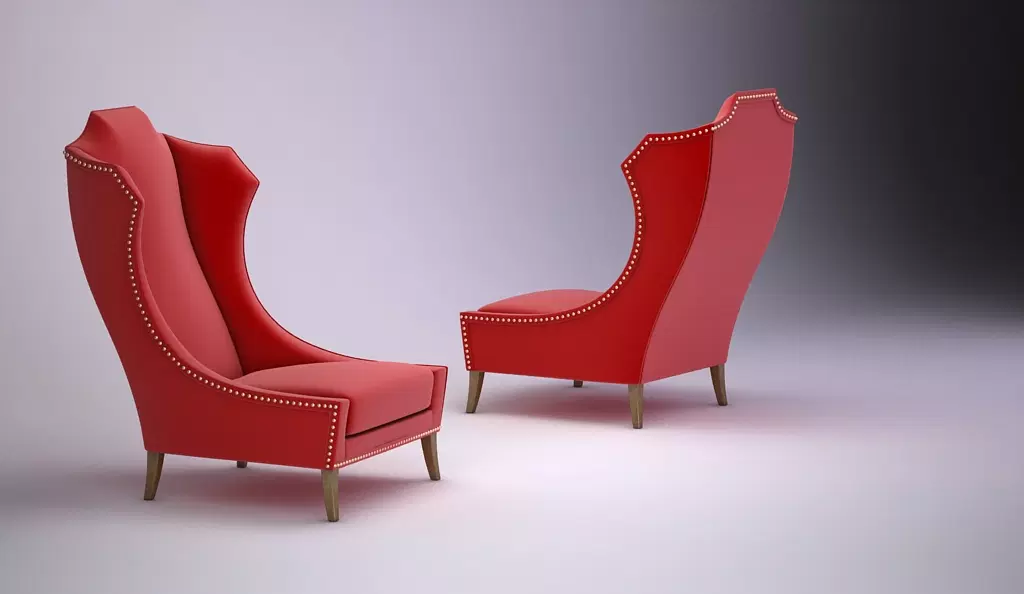 Lhermatique Chair featuring two red upholstered wingback chairs with nailhead trim