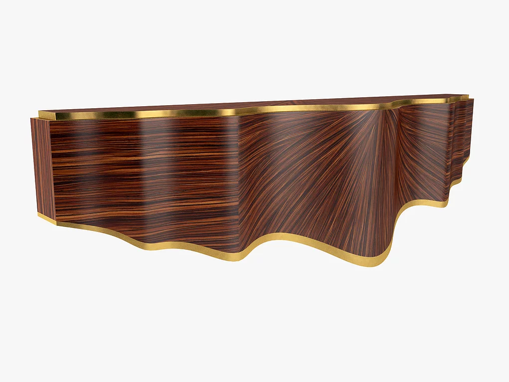 Dark wood Donna Floating Wall Console with wavy design and gold trim