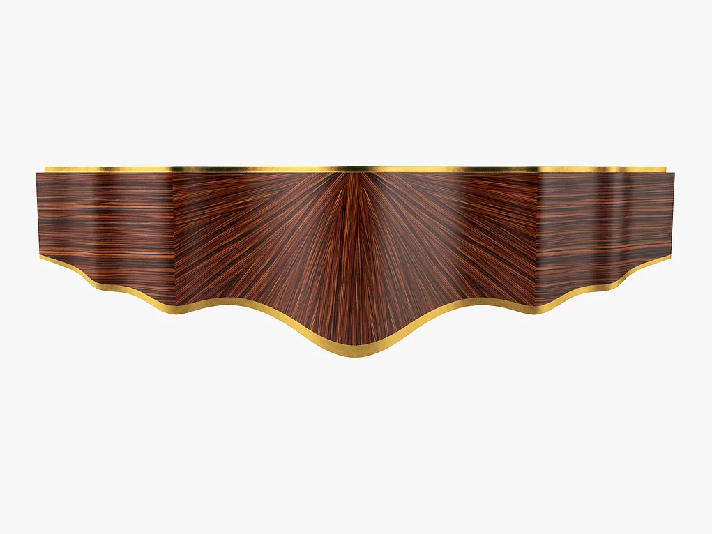 Dark wood Donna Floating Wall Console with sunburst veneer and wavy gold trim