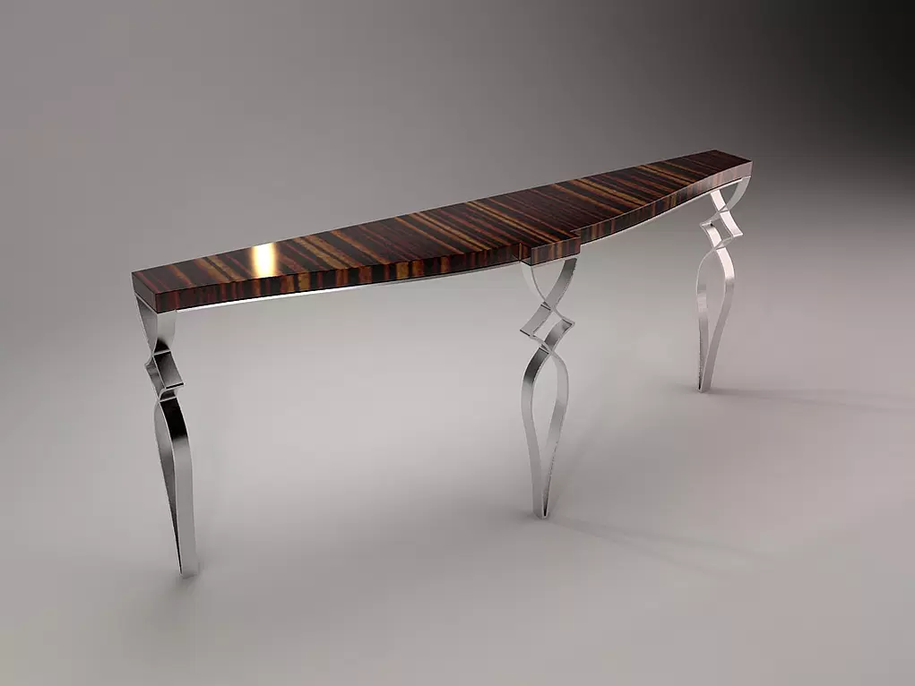 La Tour Console with dark wood top featuring light stripes and polished silver legs