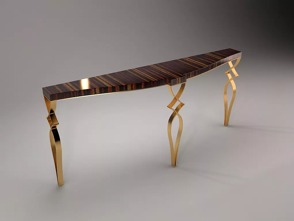 La Tour Console with dark wood top, striped inlays, and ornate golden twisted legs