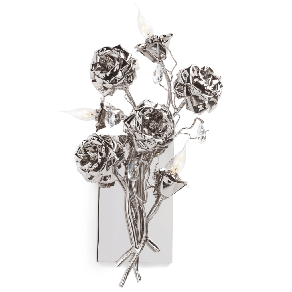 Polished silver La Vie En Rosa Wall Lamp with rose bouquet design and five bulbs