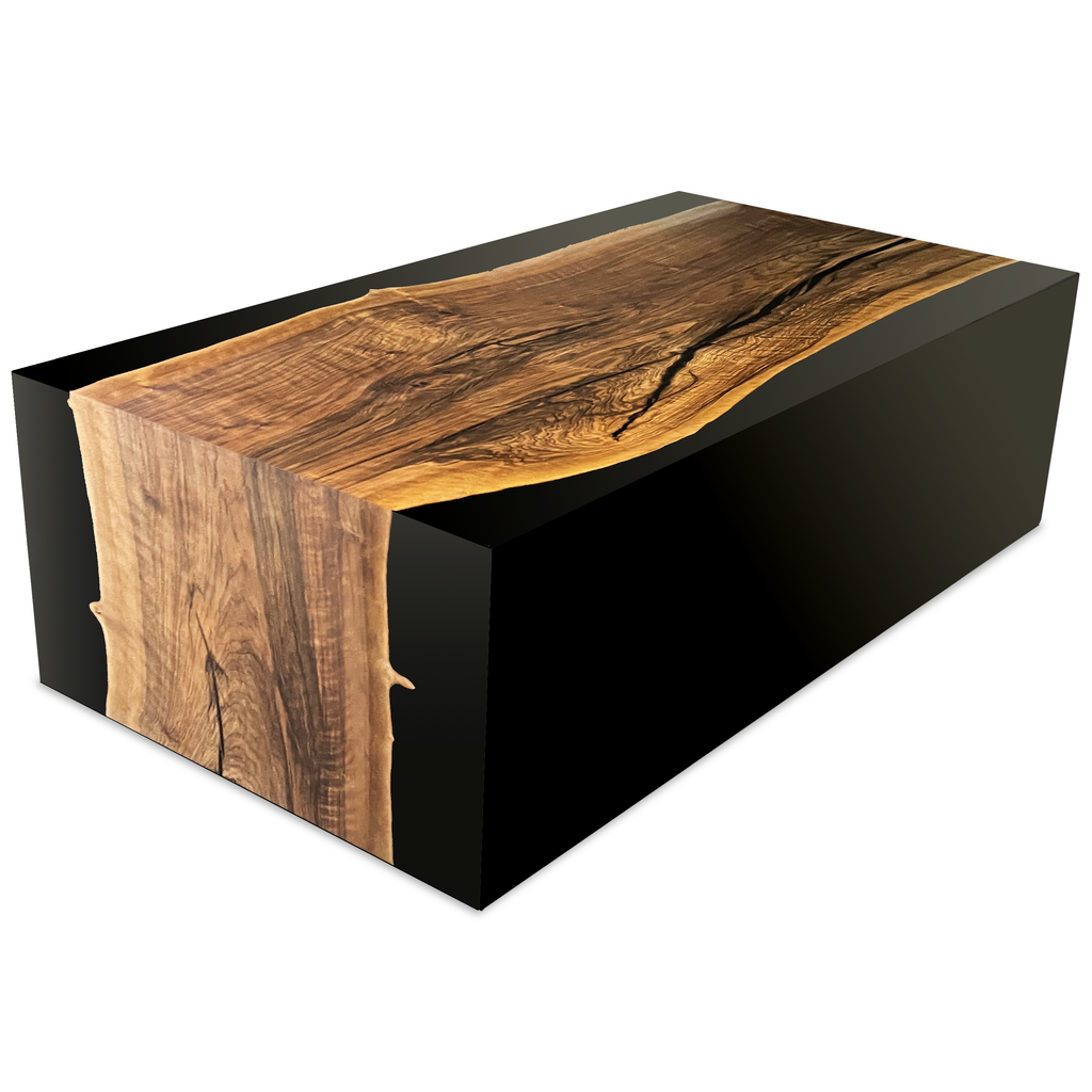 Black Monoblock Walnut Coffee Table with live-edge walnut wood slab and black resin