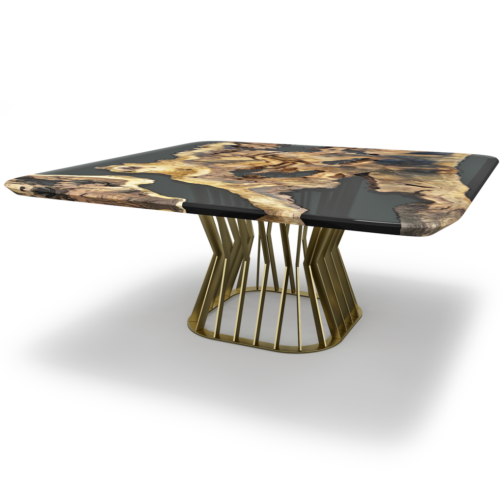 Amiata Olive Wood Square Dining Table with black and light brown resin top and gold geometric base