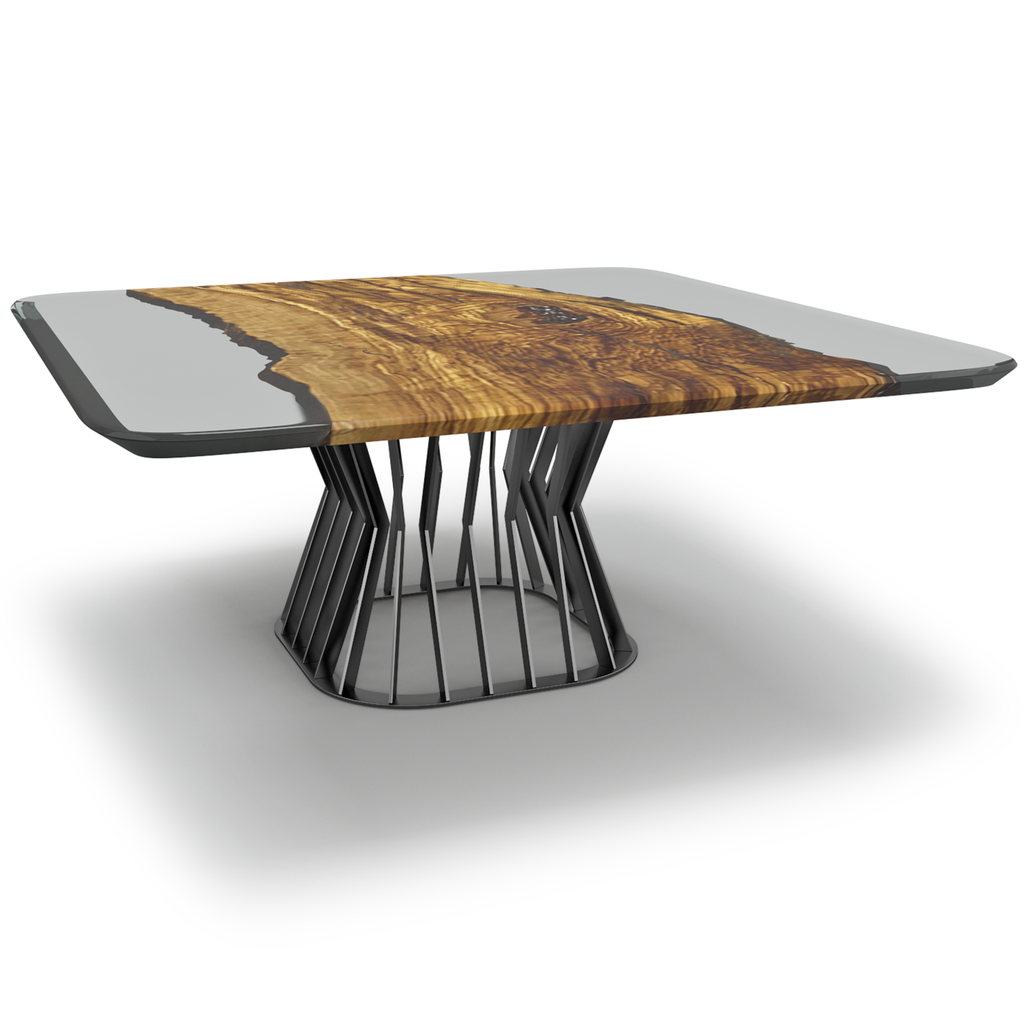Amiata Olive Wood Square Dining Table with live-edge wood slab and unique metal base