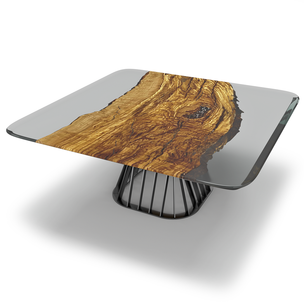 Live-edge Amiata Olive Wood Square Dining Table with resin and metal base
