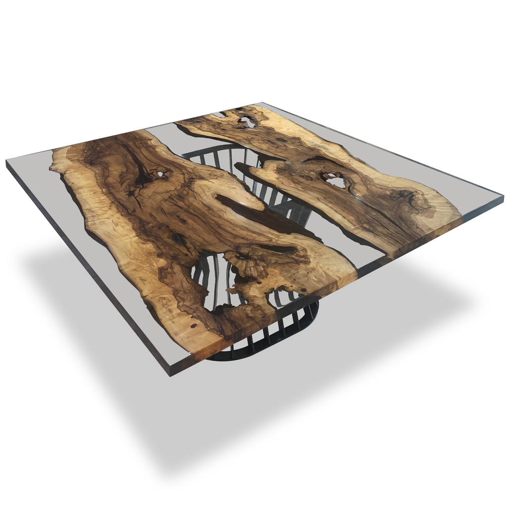 Amiata Walnut Wood Square Dining Table with resin top and black metal base