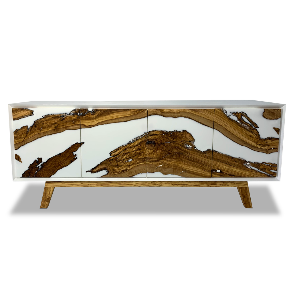 Lampetia Olive Wood Credenza with white frame and natural organic wavy olive wood design