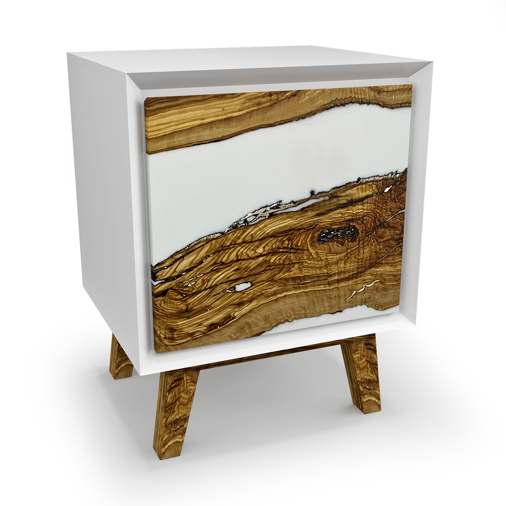 Lampetia Olive Wood Credenza Cabinet with white nightstand and wooden resin door