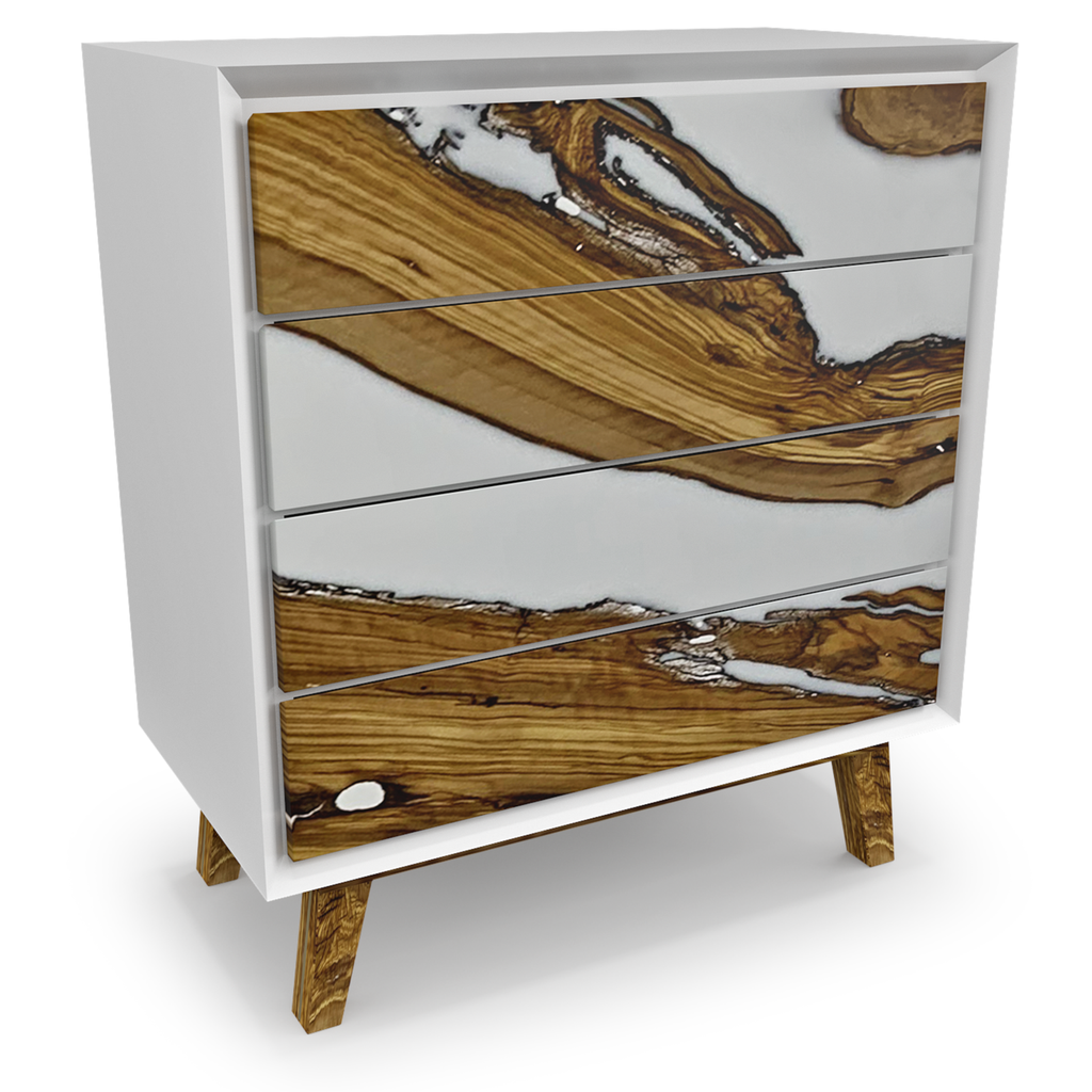 Lampetia Olive Wood White Dresser with unique wood and resin drawer fronts