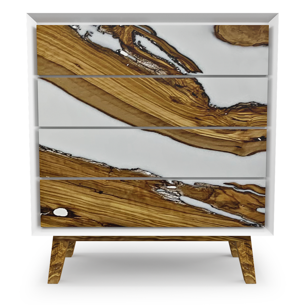 Lampetia Olive Wood White Dresser with unique wood and resin design and four drawers