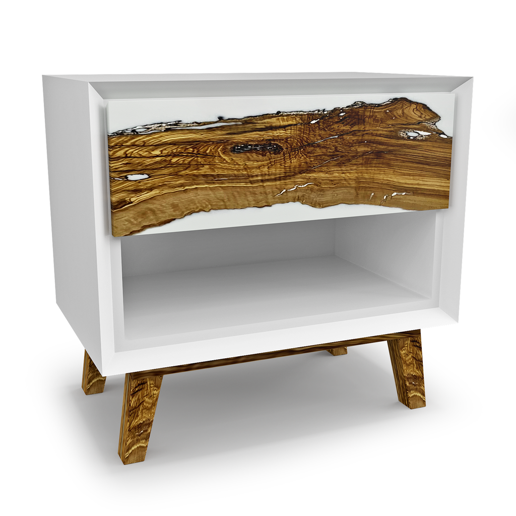Lampetia Olive Wood White Night Stand with live-edge wood and resin drawer