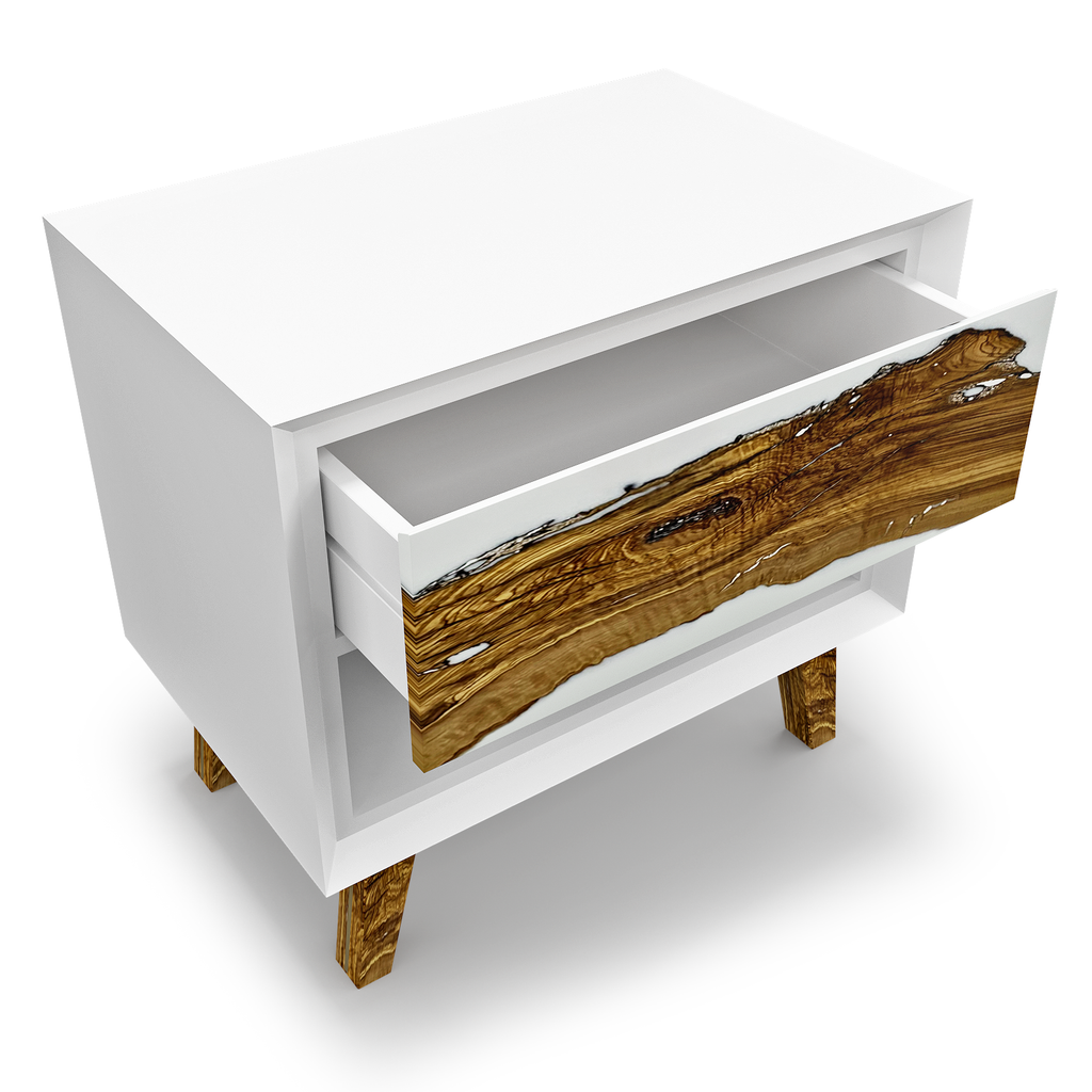 Lampetia Olive Wood White Night Stand with live-edge wood drawer front and wooden legs