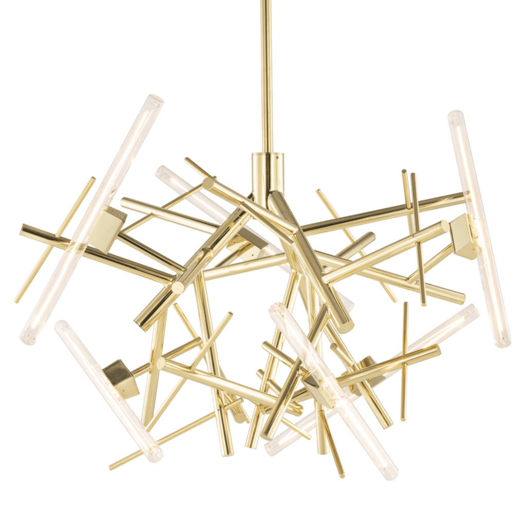 Linea Chandelier with modern gold finish and clear cylindrical light tubes