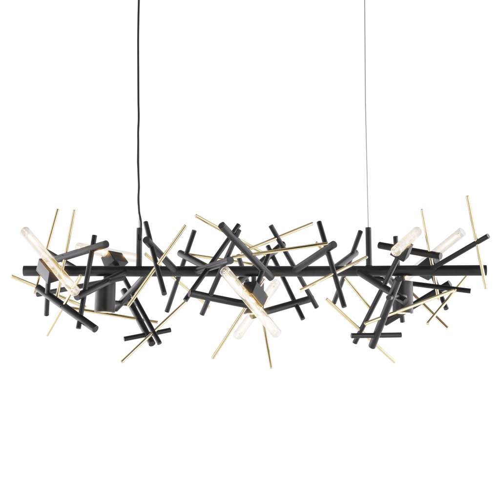Linea Hanging Lamp Long featuring black rods, gold accents, and clear cylindrical lights