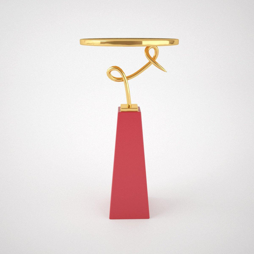 Modern gold and red Loop Side Table with a unique curved base design
