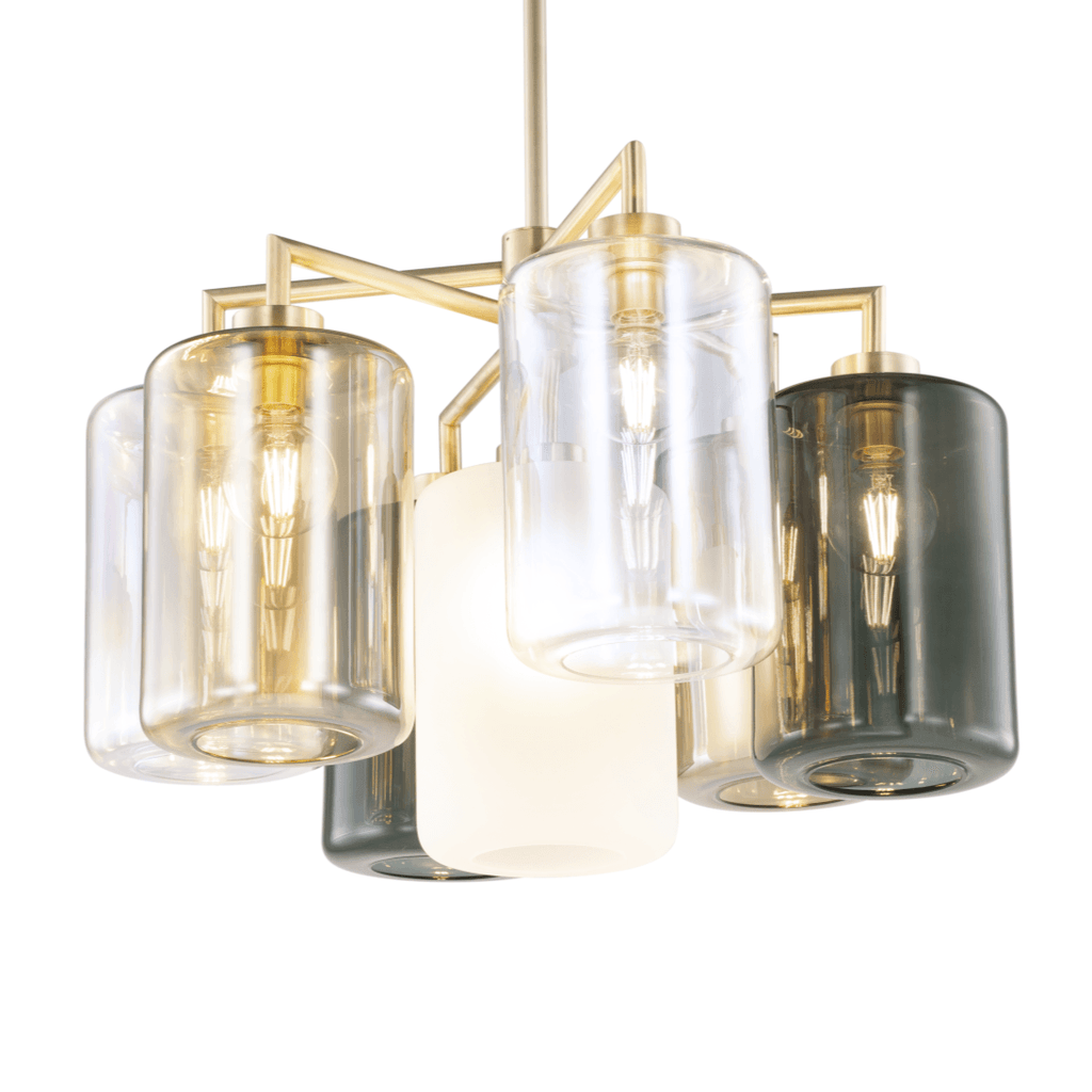 Louise Chandelier with colorful cylindrical glass shades and gold-finished frame