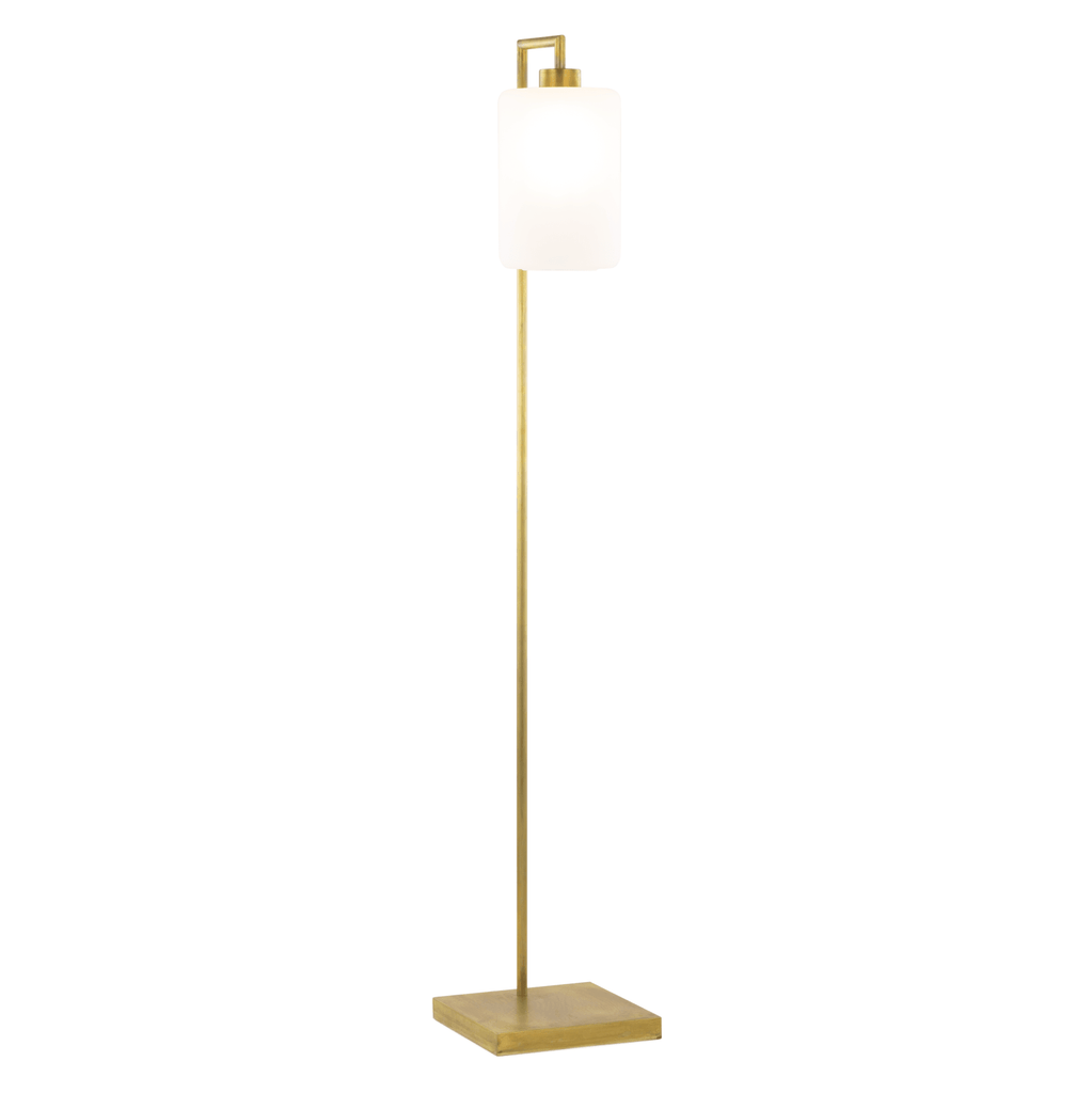 Louise Floor Lamp featuring a tall brass design with white cylindrical shade