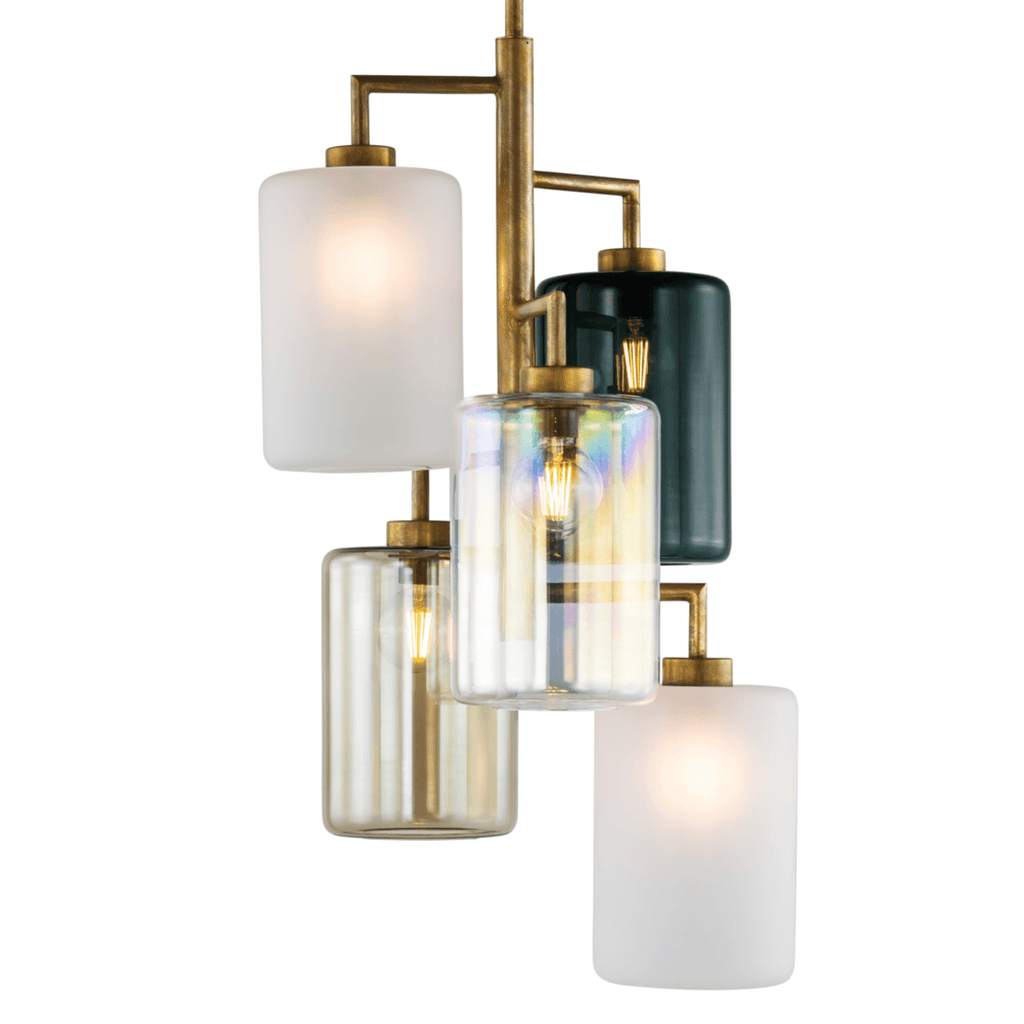 Louise Hanging Lamp with multi-light chandelier featuring frosted, iridescent, and dark green glass shades