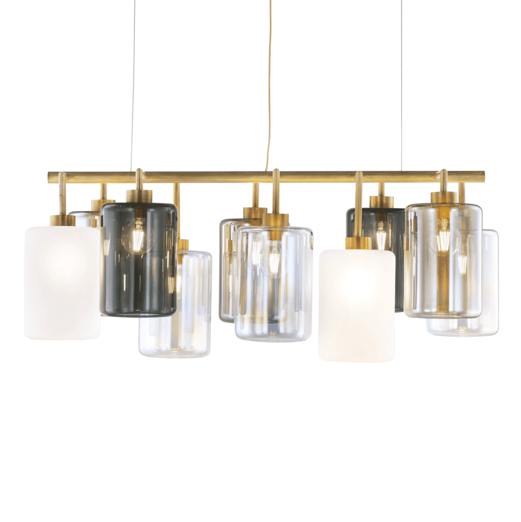 Modern Louise Hanging Lamp Long with brass finish and mixed clear, frosted white, smoked glass shades
