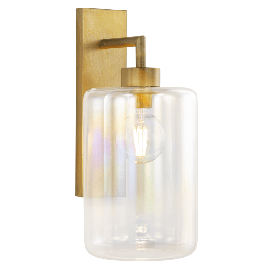Louise Wall Lamp with brass backplate, bent arm, and clear glass shade for stylish wall lighting