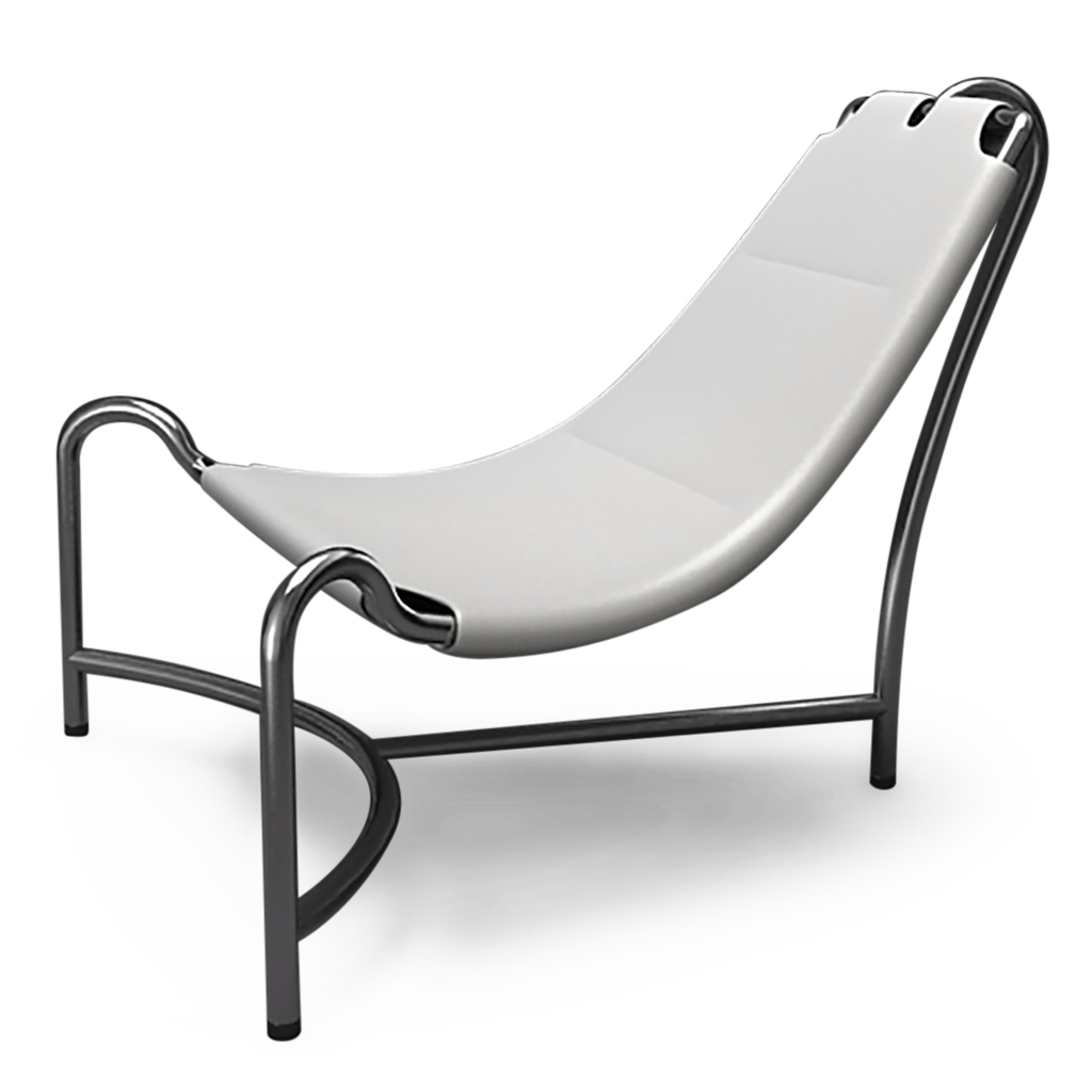 Lounge chair with white sling seat and dark metal frame for stylish relaxation