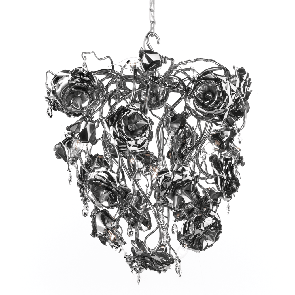 Decorative chandelier conical featuring intertwined metallic roses and crystal accents