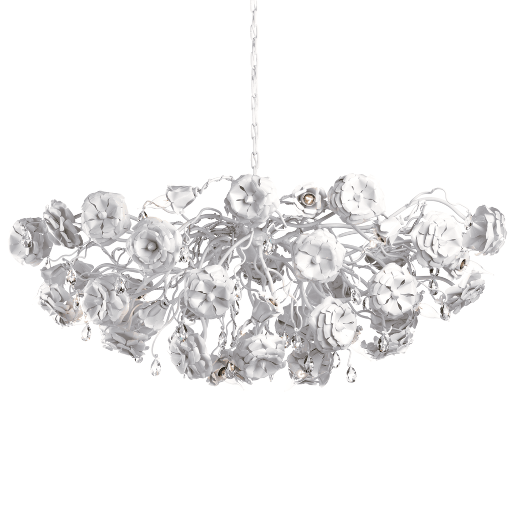 White floral-motif chandelier oval with dangling crystal accents for elegant lighting